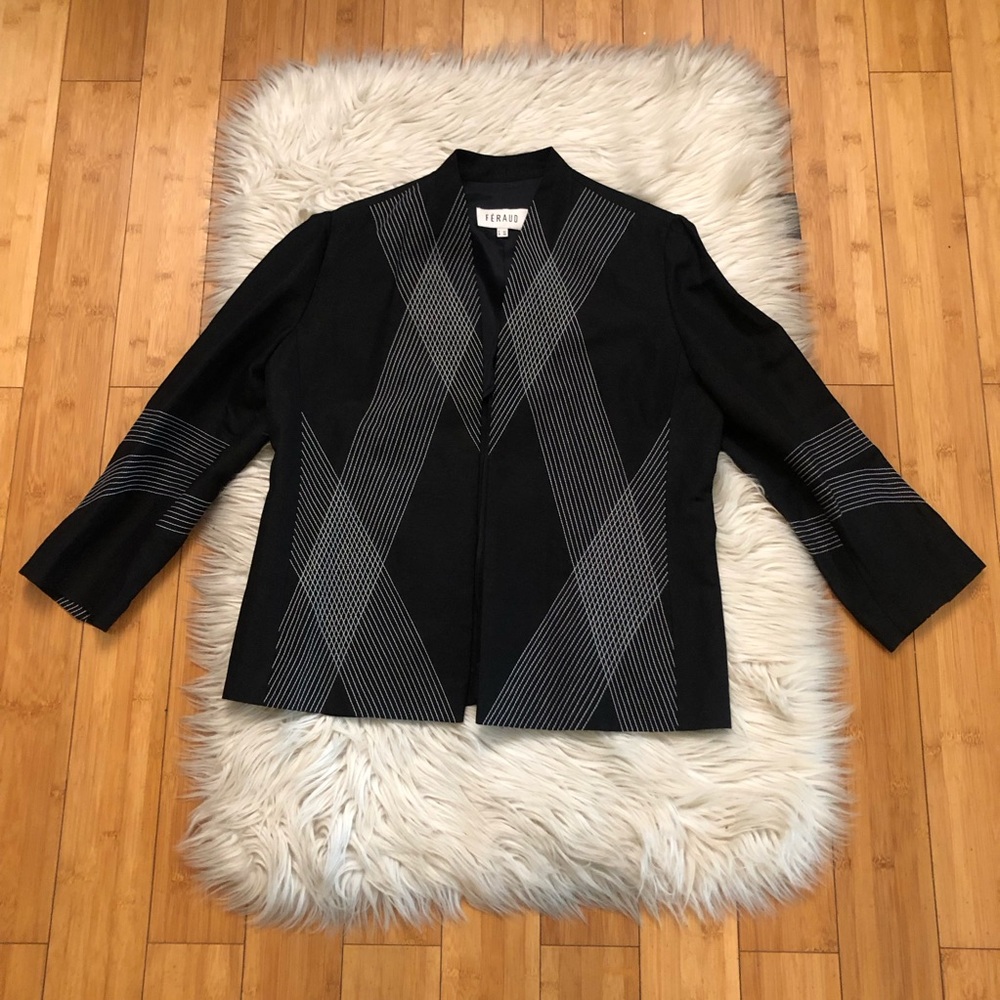 Feraud Linen Blend Embroidered Geometric Stripe Black White Blazer Jacket size L